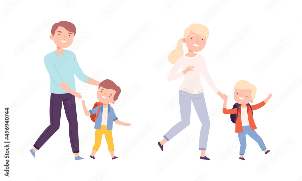 Parents leading their children to school cartoon vector illustration Parents leading their children to school cartoon vector illustration