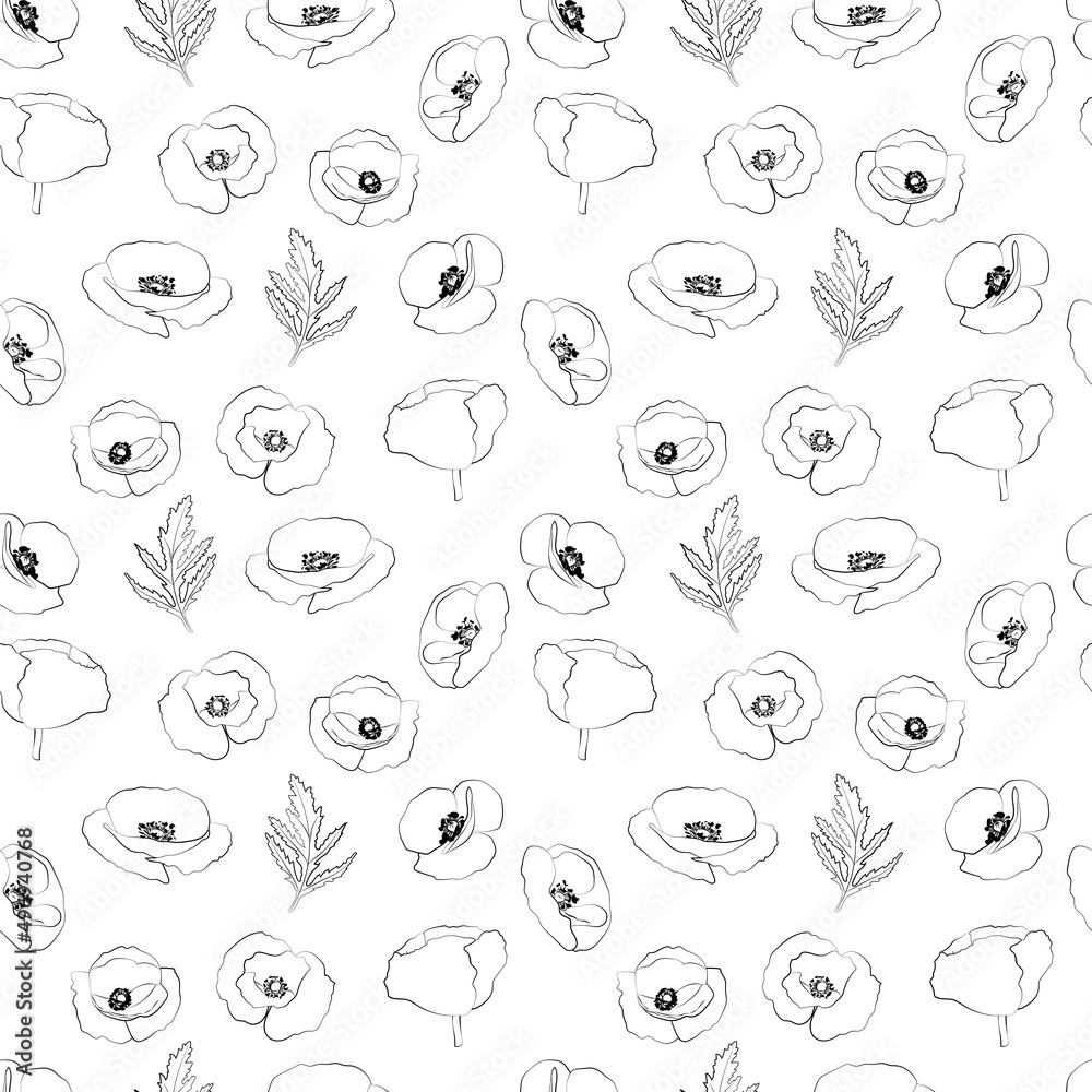 A set of seamless backgrounds with leaves, flowers and flower bud. Line drawing. Lines have different widths. Black white. Poppies, vector grafic, 1000x1000