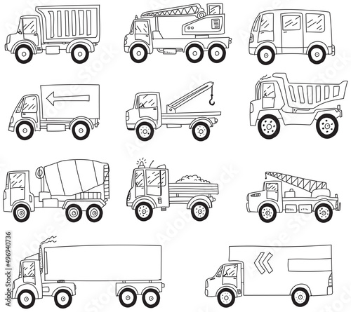 Hand drawn vector doodle truck set isolated on white background