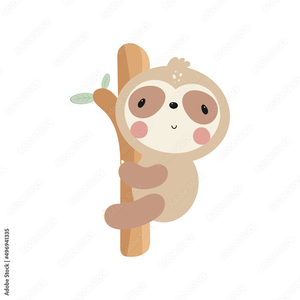 Cute Sloth on the tree. Cartoon style. Vector illustration. For kids stuff, card, posters, banners, children books, printing on the pack, printing on clothes, fabric, wallpaper, textile or dishes. Cute Sloth on the tree. Cartoon style. Vector illustration. For kids stuff, card, posters, banners, children books, printing on the pack, printing on clothes, fabric, wallpaper, textile or dishes.