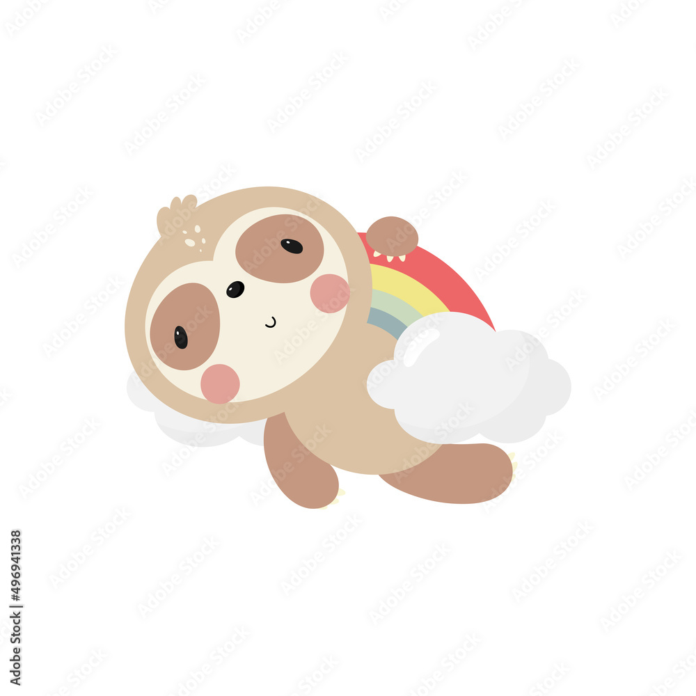 Cute Sloth on the Rainbow. Cartoon style. Vector illustration. For kids stuff, card, posters, banners, children books, printing on the pack, printing on clothes, fabric, wallpaper, textile or dishes. Cute Sloth on the Rainbow. Cartoon style. Vector illustration. For kids stuff, card, posters, banners, children books, printing on the pack, printing on clothes, fabric, wallpaper, textile or dishes.