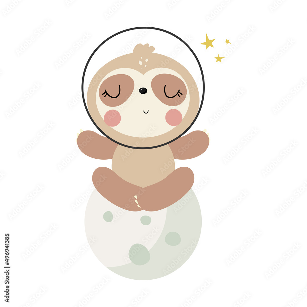 Cute Sloth on the Moon. Cartoon style. Vector illustration. For kids stuff, card, posters, banners, children books, printing on the pack, printing on clothes, fabric, wallpaper, textile or dishes. Cute Sloth on the Moon. Cartoon style. Vector illustration. For kids stuff, card, posters, banners, children books, printing on the pack, printing on clothes, fabric, wallpaper, textile or dishes.