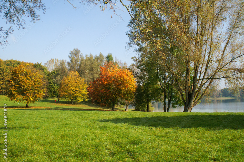 Idyllic park landscape at Langwieder Lake in Munich