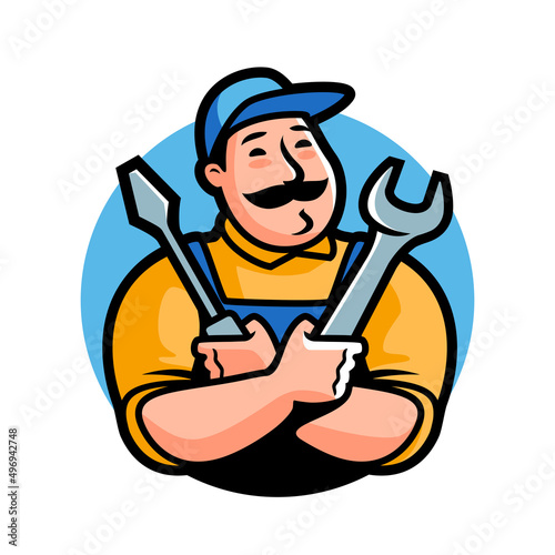 Workshop logo. Emblem mechanic with construction tools for auto repairing. Cartoon character vector illustration