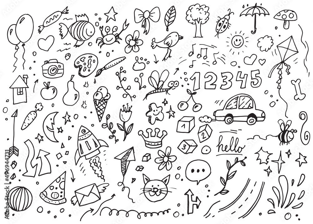 Cute doodles set, vector hand drawing on white background