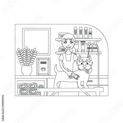 Dog grooming salon. A young woman trim dog. Line interior illustration. West Highland White Terrier. Coloring book with a contour.