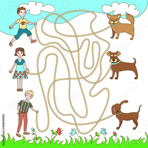 Children's game (maze): help children to find their dogs. Developing game for children. The picture shows boy, girl and puppies on leashes.