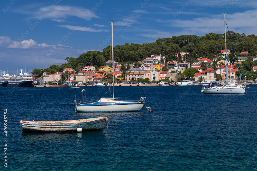 boats moored in harbour of Losinj town, Croatia.