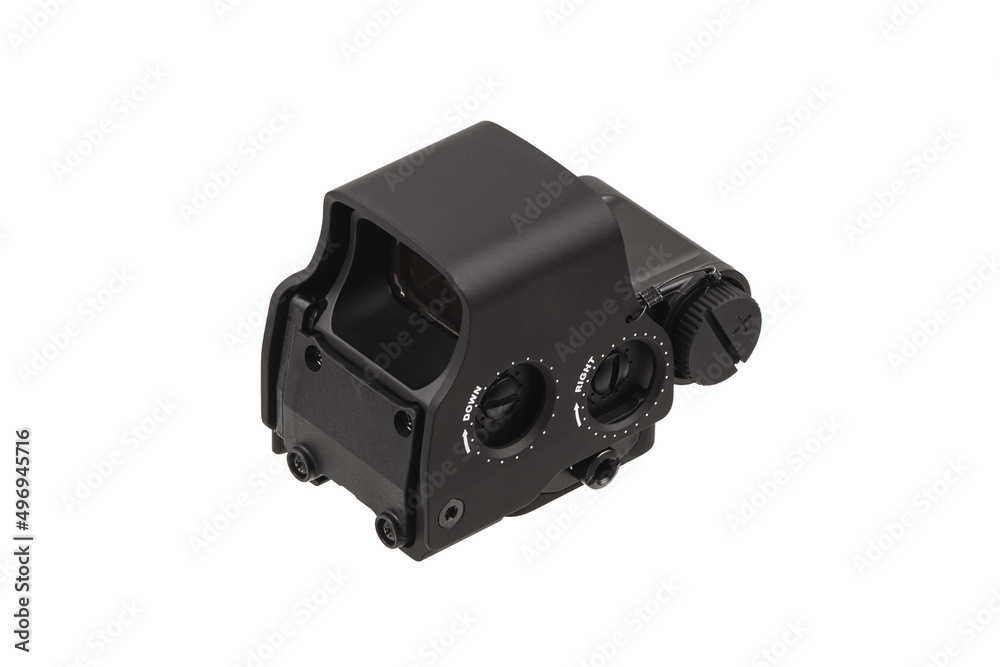 Modern optical collimator sight. Red dot aiming device for shooting at short distances. Isolate on a white back. Modern optical collimator sight. Red dot aiming device for shooting at short distances. Isolate on a white back.