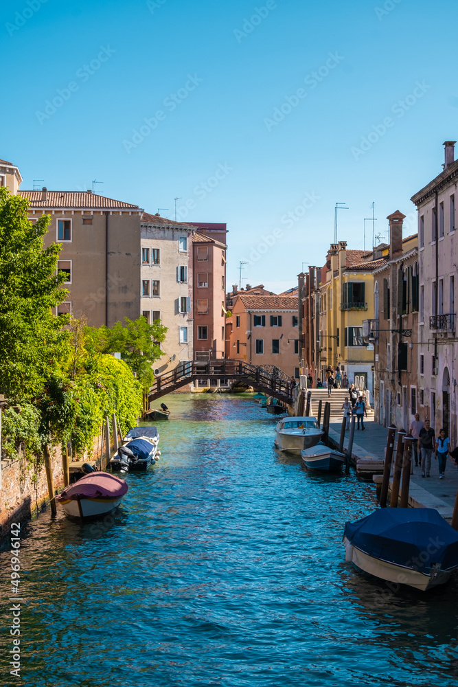 VENICE, ITALY - August 27, 2021: Scenic view of Venice empty canals during daylight.