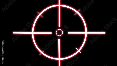 Neon red scope. A symbol with the appearance of a target sniper rifle and high-precision weapons. Animation of a shining neon lamp on a black background. Stock video with alpha channel. photo