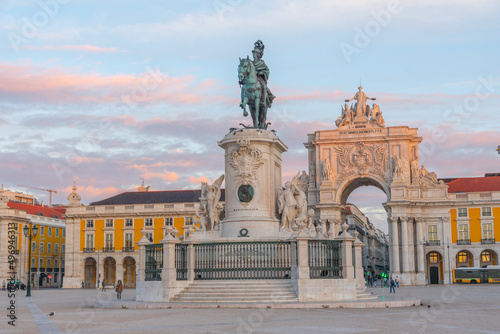 Sunrise view of Praca do comercio square in Lisbon, Portugal.