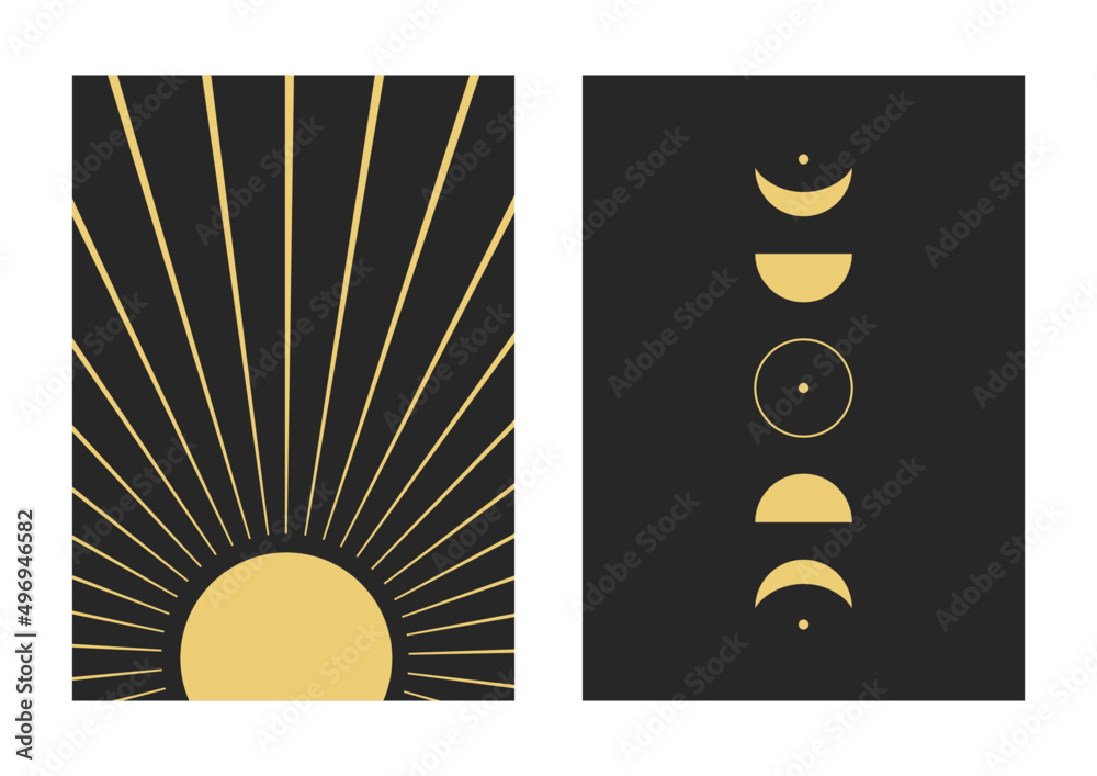 Mid century modern abstract sun and mon poster wall art print. Vector illustration
