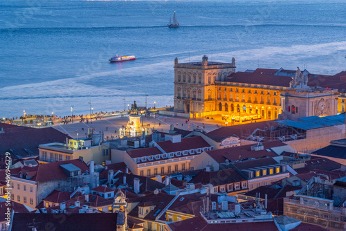 Sunset aerial view of praca do comercio square in Lisbon, Portugal. photo