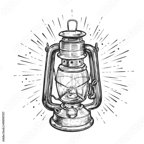 Oil lantern or kerosene lamp with rays of light. Hand drawn sketch vintage vector illustration