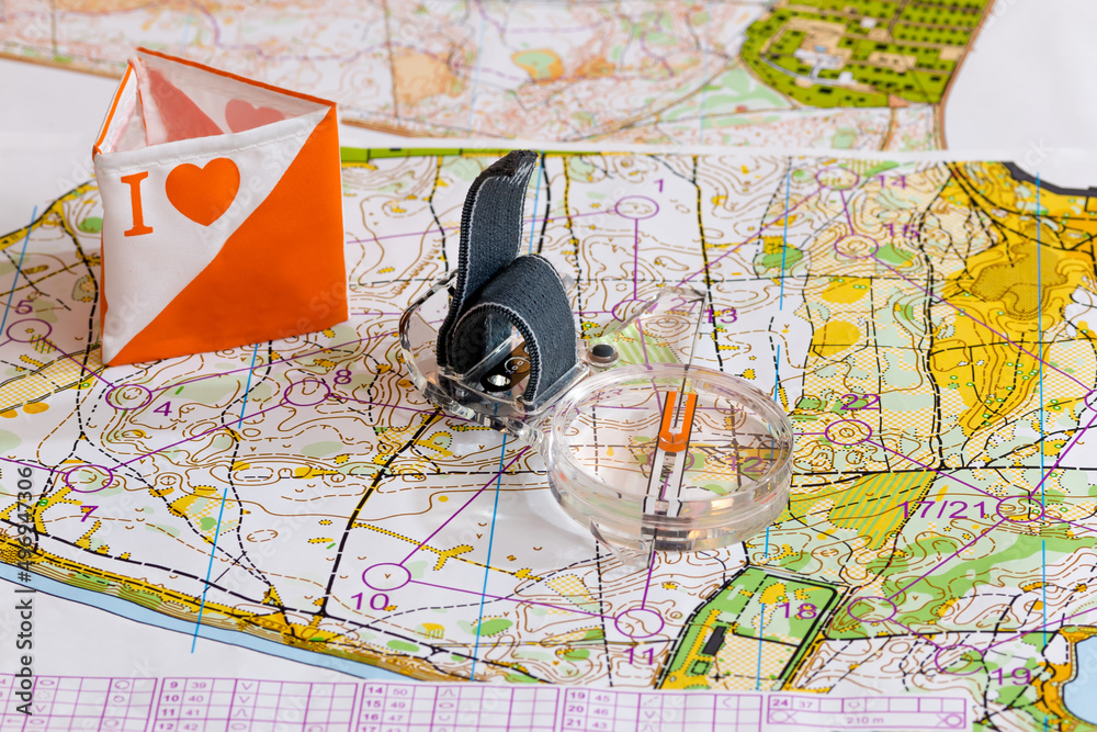 Sport orienteering. Sports symbols topographic map, sports compass and