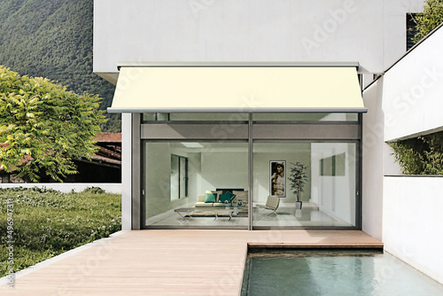 Modern luxury villa exterior with swimming pool in garden, 3d rendering