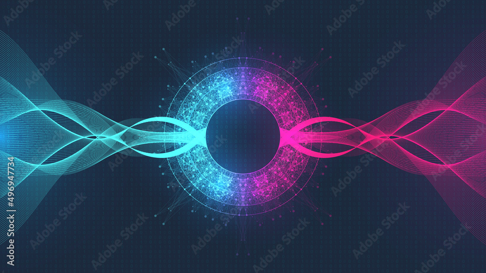 Music poster for electronic festival with dotted lines and waves. Party flyer cover design concept. Distorted music wave equalizer. Abstract amplitude of sound. Vector Illustration - obrazy, fototapety, plakaty 