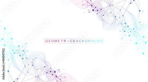Geometric abstract background with connected lines and dots. Connectivity flow point. Molecule and communication background. Graphic connection background for your design. Vector illustration.