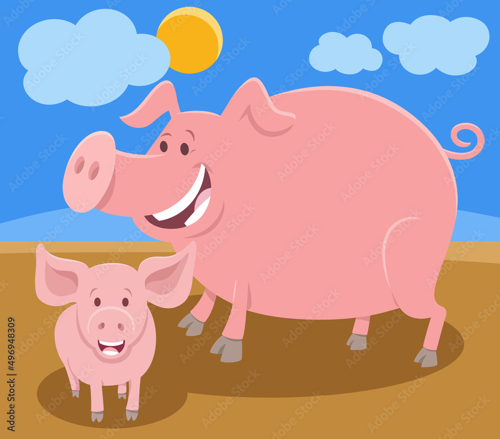 funny cartoon pig farm animal character with piglet funny cartoon pig farm animal character with piglet