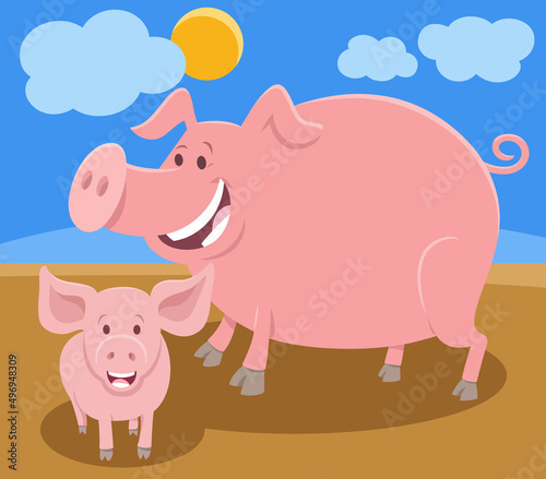 funny cartoon pig farm animal character with piglet