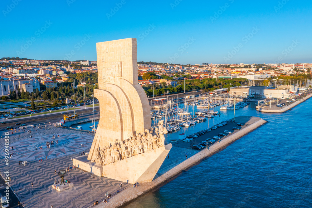 Panorama of Padrao dos Descobrimentos monument in Belem, Lisbon, Portugal - obrazy, fototapety, plakaty 