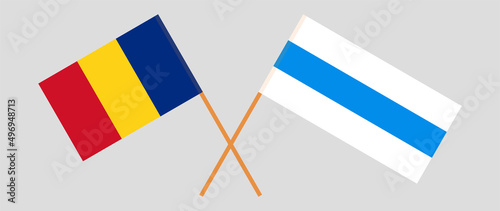 Crossed flag of Romania and anti-war white-blue-white flag of Russian opposition