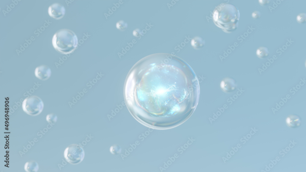 3D rendering Cosmetics Blue Serum bubbles on defocus background. Collagen bubbles Design. Moisturizing Essentials and Serum Concept. Vitamin for personal care and beauty concept. 