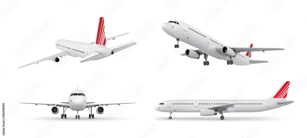 Realistic aircraft. Passenger airplane in different views. 3d detailed passenger airplane isolated on white background. Vector illustration