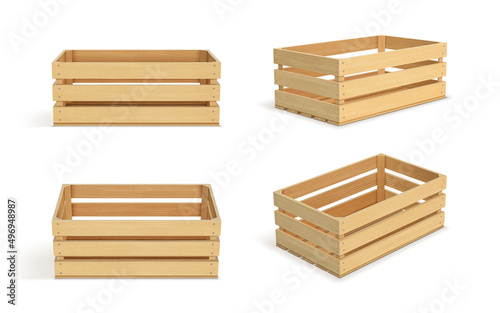 Vector realistic cargo storage wooden box isolated on white background. Wooden fruit box with holes. Box for storage and transportation of food.