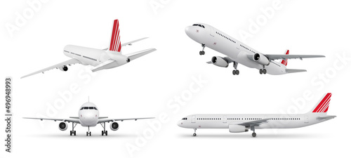 Realistic aircraft. Passenger airplane in different views. 3d detailed passenger airplane isolated on white background. Vector illustration