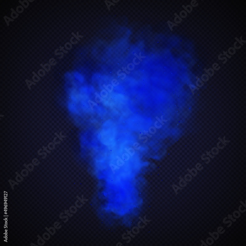 Blue smoke isolated on dark transparent background. Realistic blue magic mist cloud. Realistic vector illustration.