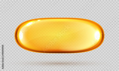 Gold oil capsule, vitamin round pill. Cosmetics, omega 3 golden bubble. Serum droplets or collagen essence isolated on transparent background.