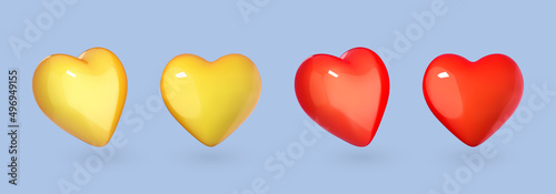 Heart icon in cartoon 3d style isolated on blue background. Vector illustration plastic volumetric hearts set.