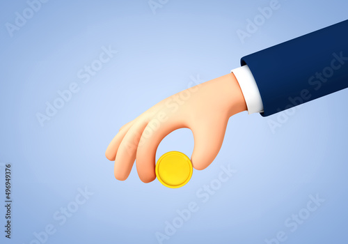 3d cartoon hand holding golden coin isolated on blue background. Investment, profit, payment concept. Vector illustration