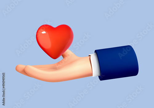 3d cartoon icon red heart in hand. Vector cartoon hand holding heart. Realistic illustration of donation, love or charity