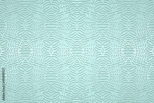 Embossed satin delicate turquoise background, cover design. Geometric 3d pattern, ethnic texture. Creativity of the peoples of the East, Asia, India, Mexico, Aztecs, Peru.