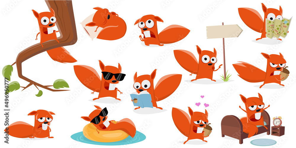 funny set of a cartoon squirrel in various situations funny set of a cartoon squirrel in various situations