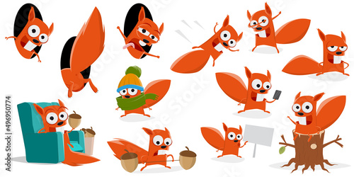 funny set of a cartoon squirrel in various situations Fototapet