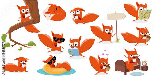 Canvastavla funny set of a cartoon squirrel in various situations