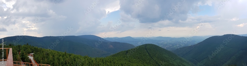 Panorama of the Beskids Mountains in Czechia as seen from Pustevny saddle treetop walk