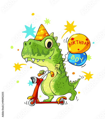 Happy birthday greeting card with cute tyrannosaur rex on scooter 