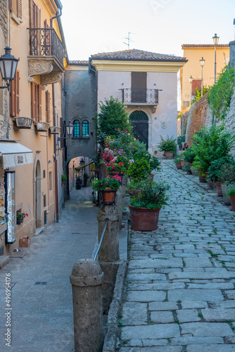 Sunset view of a street in the old town of Citta di San Marino