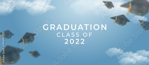 Realistic banner Graduation hat flying above the graduation mark cloud