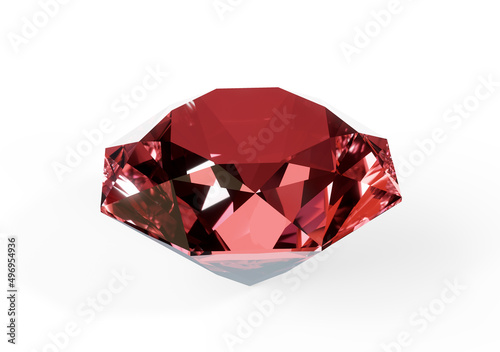 A beautiful sparkling diamond on a light reflective surface. 3d render. Isolated white background.