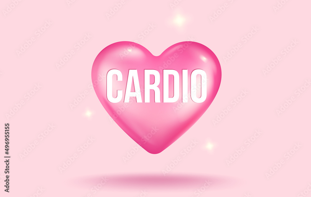 Vector illustration of a pink heart and text of cardio in realistic style. Vector pink heart in 3d style