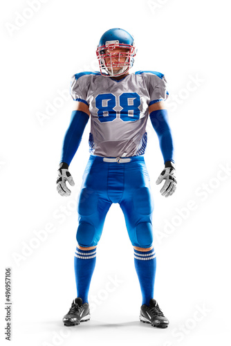 Brutal an American football player stands in white background. Isolated on white. Sports emotions
