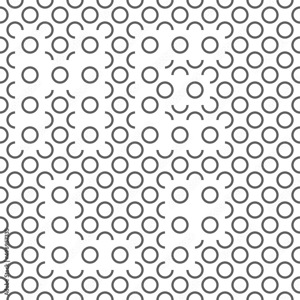 Vector illustration. Geometric seamless pattern. Contour circle and semicircle in the form of a rhombus. Spotted gray - white background. Simple abstract background with polka dots.