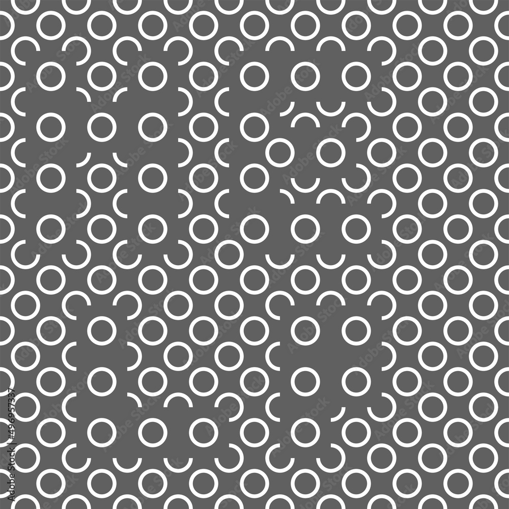 Vector illustration. Geometric seamless pattern. Contour circle and semicircle in the form of a rhombus. Spotted gray - white background. Simple abstract background with polka dots.