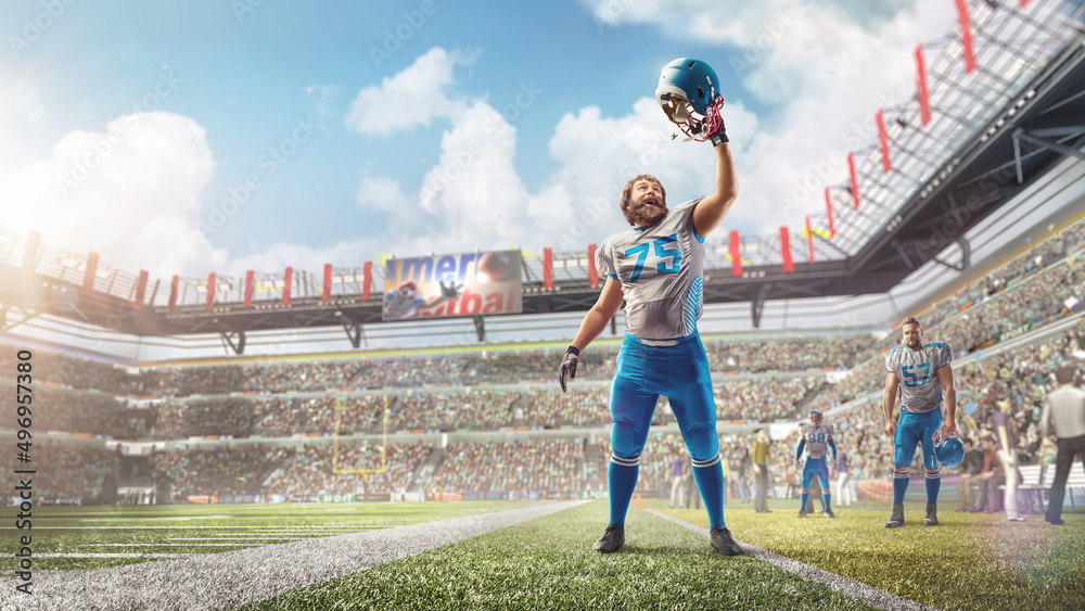 Joy in football. American football player celebrating victory at professional sports stadium during daytime. Human emotions and facial expressions concept